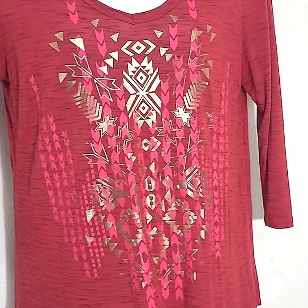 Tru Self Long Sleeve Top Red Pink Gold Geometric Southwest Boho Tunic Scoop Neck